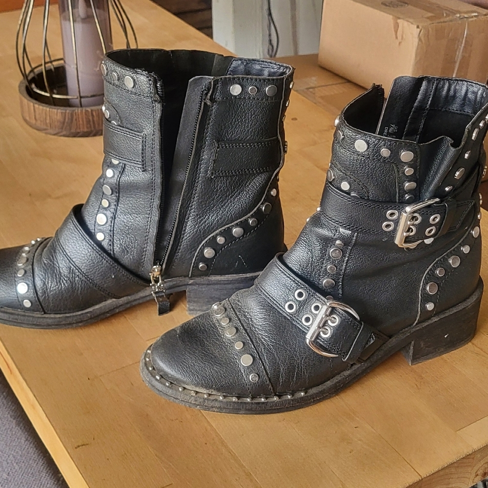 Sam Edelman Black Leather Moto Boots with Silver Studs